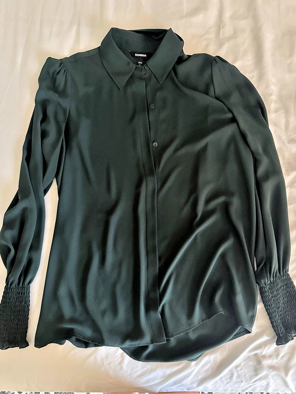 Express Satin Long Sleeve Smocked Cuff Button Down Blouse Dark Green